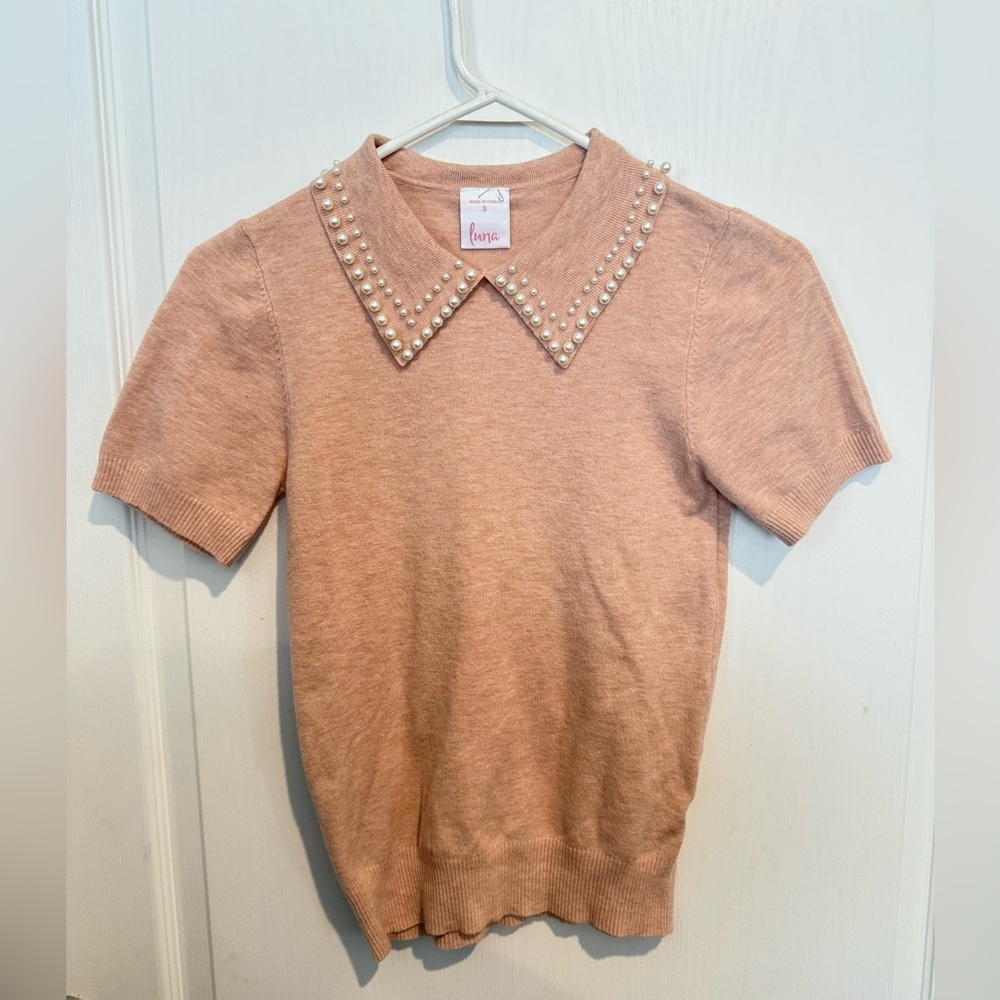 Chic Pearl Collar Women's Sweater - Peach